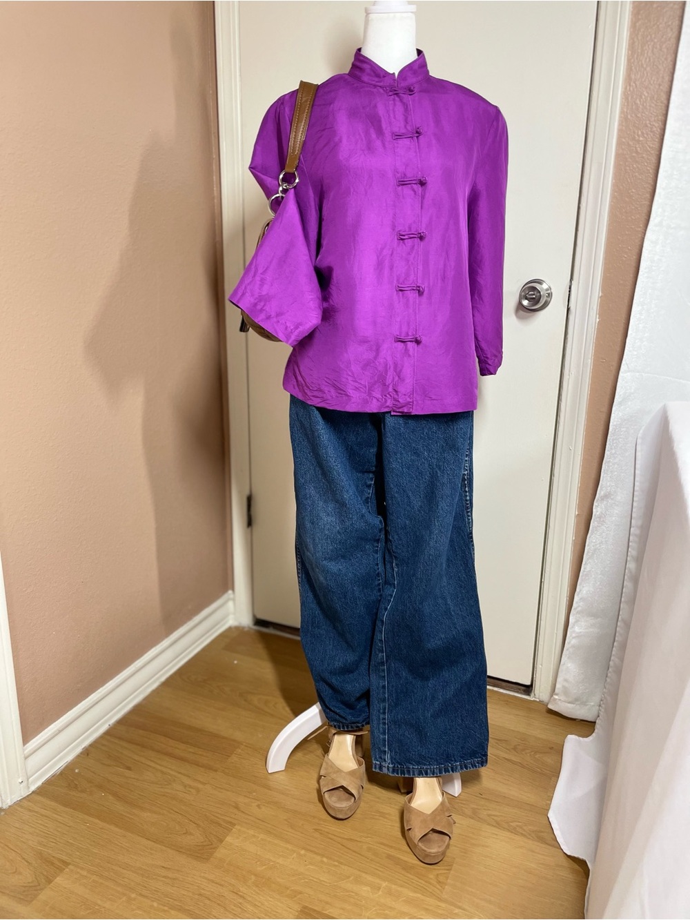 Vintage 90’s CLIO 100% Silk Purple Mandarin Collar Blouse Frog Closure Jacket M